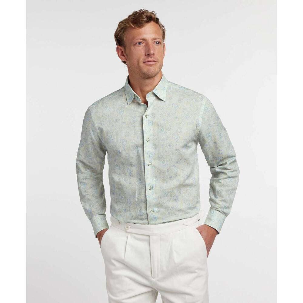 NEW DAVID DONAHUE paisley linen blend sport shirt in dune/multi